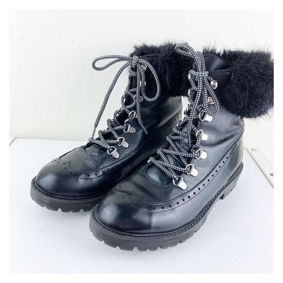 Charles David Ramses Combat Style Black Leather Fur Trim Lug Sole Warm Bootie - Picture 3 of 9